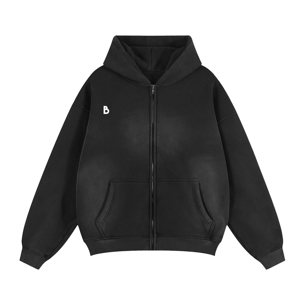 The Signature Sun fade Two-way Zipper Boxy Fleece Hoodie in Black